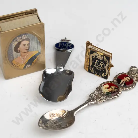 souvenir royal family matchbox cover, small ER royal visit, 1954 picture book & 2 souvenir spoons
