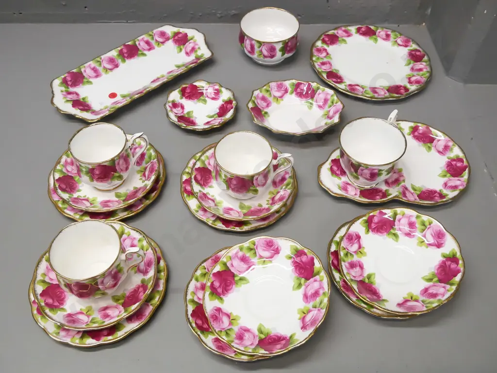 Royal Albert Old English Rose part tea set: tennis set, 3 trios, sugar bowl, two small dishes, sandwich & cake plates, 4 Image 1++
