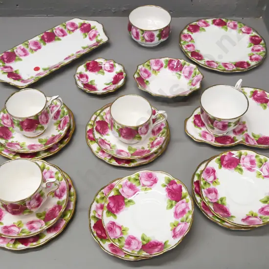 Royal Albert Old English Rose part tea set: tennis set, 3 trios, sugar bowl, two small dishes, sandwich & cake plates, 4