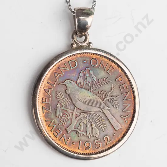NZ 1952 penny on chain - chain stamped 925