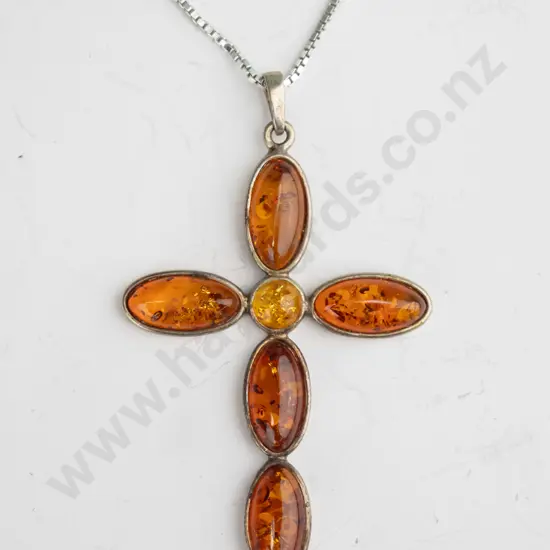 silver amber cross necklace stamped 925