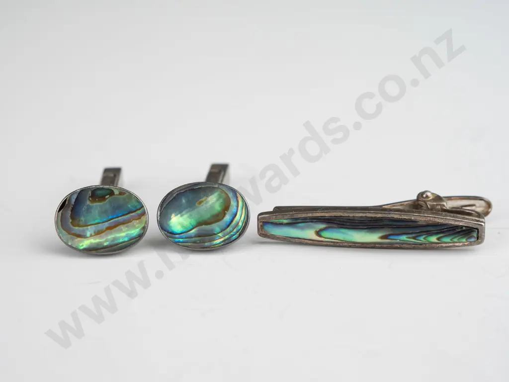 paua shell cufflinks stamped stamped stg & paua shell tie pin no mark Image 1++
