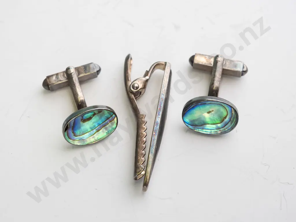 paua shell cufflinks stamped stamped stg & paua shell tie pin no mark Image 1++