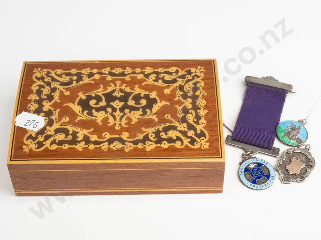 3 silver medals in a faux-inlay trinket box - 1922 Diving medal, Knights of Saint Columba with 1971 inscription w/purple Image 1++