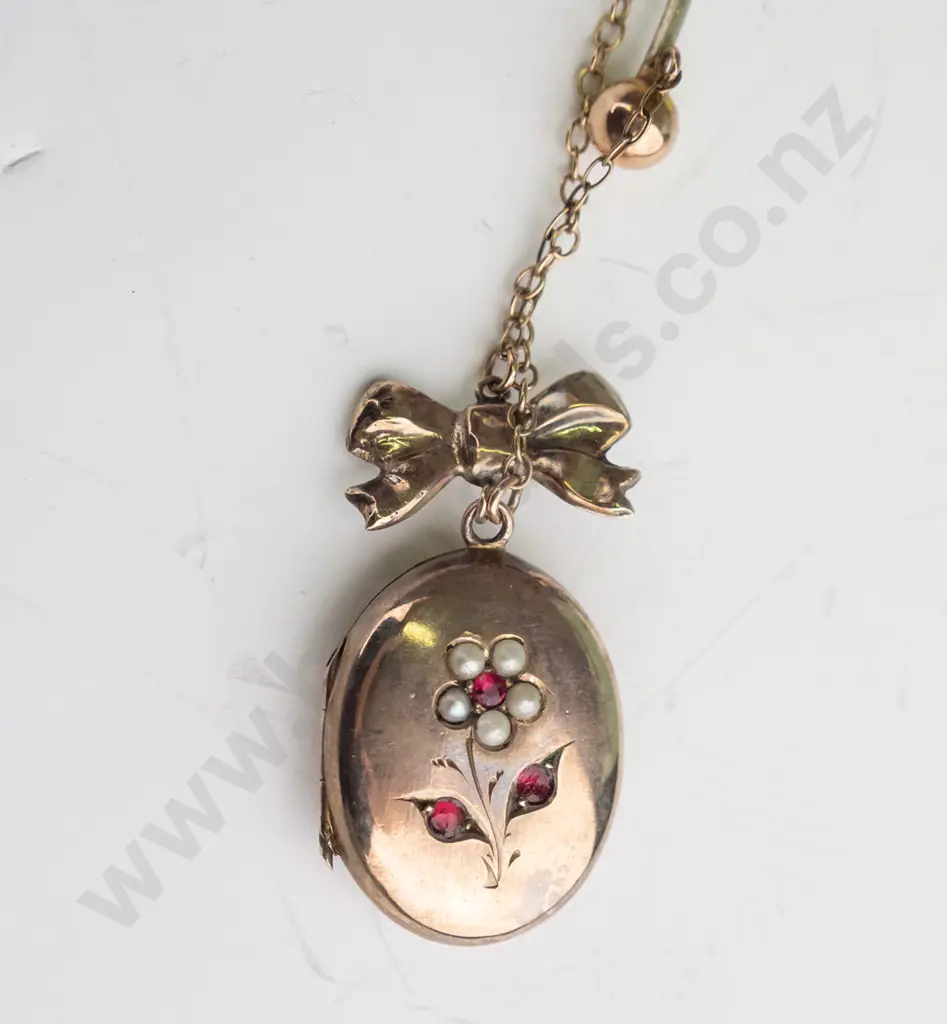 9ct locket with bow set pearls & red stones lapel stick pin & safety chain Image 1++
