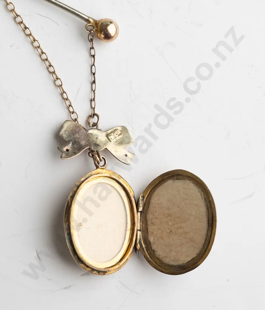 9ct locket with bow set pearls & red stones lapel stick pin & safety chain Image 1++