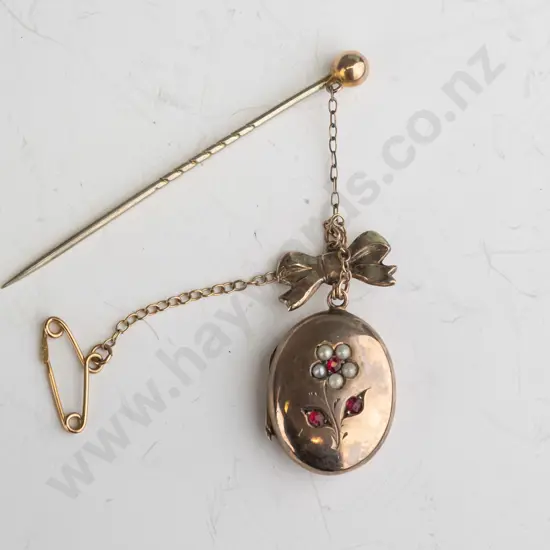 9ct locket with bow set pearls & red stones lapel stick pin & safety chain