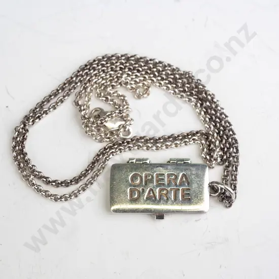 long silver book necklace 'Opera D'Arte' stamped 925 on clasp