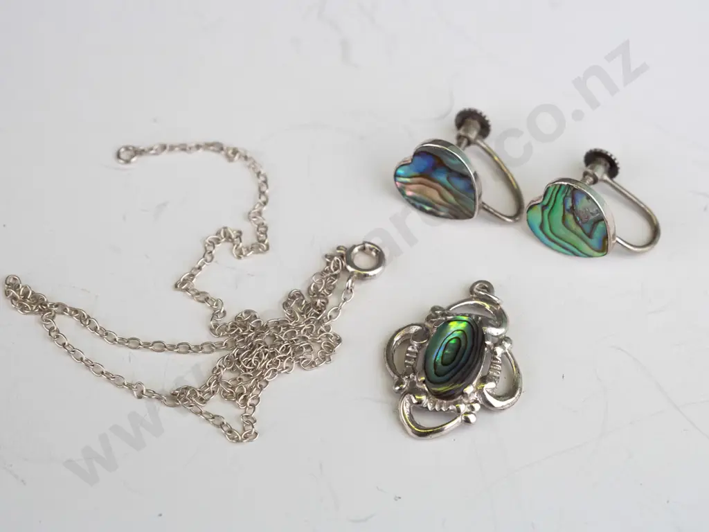 paua shell necklace & earrings [screw on] both stamped stg sil Image 1++