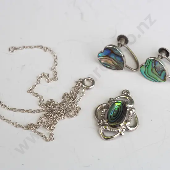 paua shell necklace & earrings [screw on] both stamped stg sil