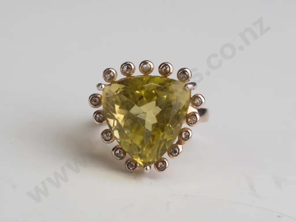 sterling plated ring  green quartz & 15 rose cut diamonds Image 1++
