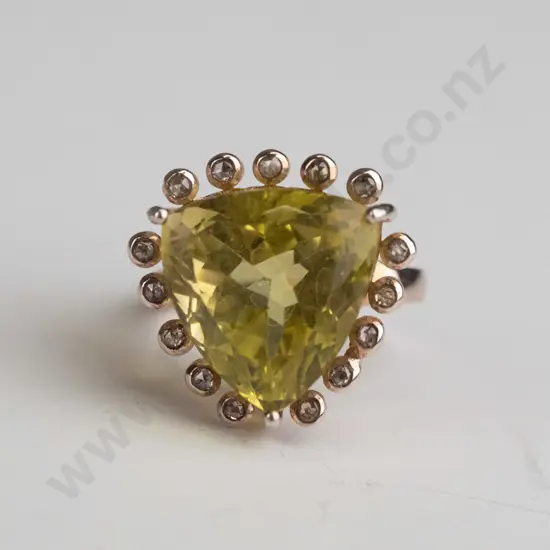 sterling plated ring  green quartz & 15 rose cut diamonds