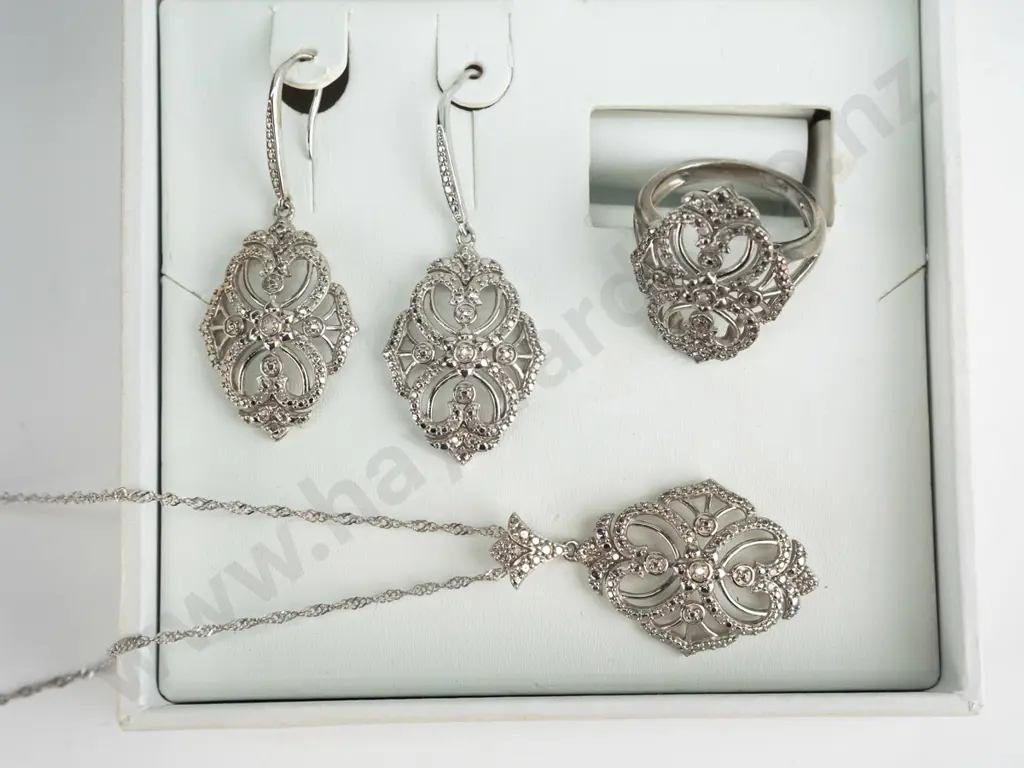 silver necklace, earrings & ring set all stamped 925 Image 1++