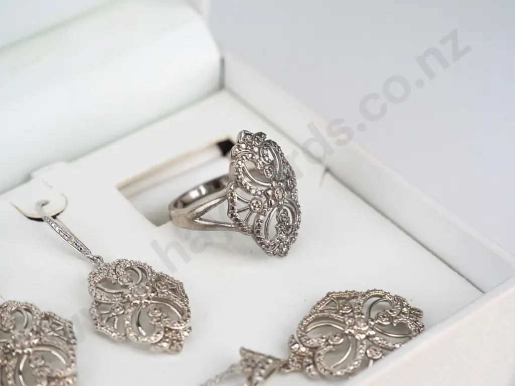 silver necklace, earrings & ring set all stamped 925 Image 1++