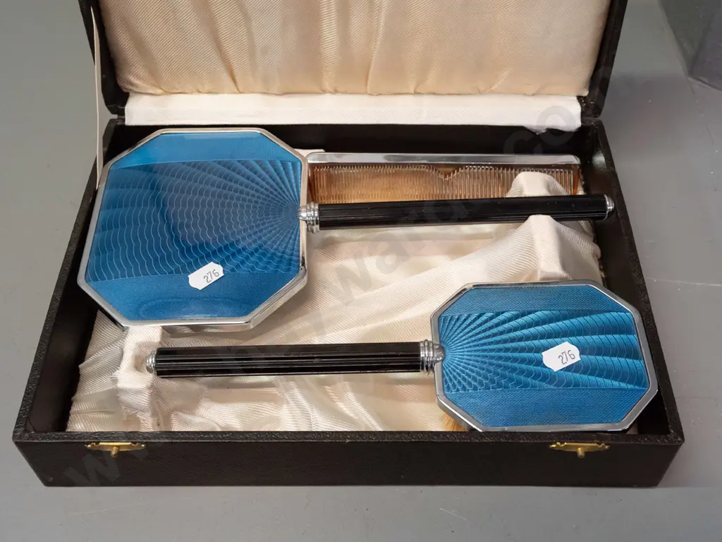 deco style vintage dressing table set - mirror and brush have blue enamel backs, redded black bakelite handles, non- Image 1++