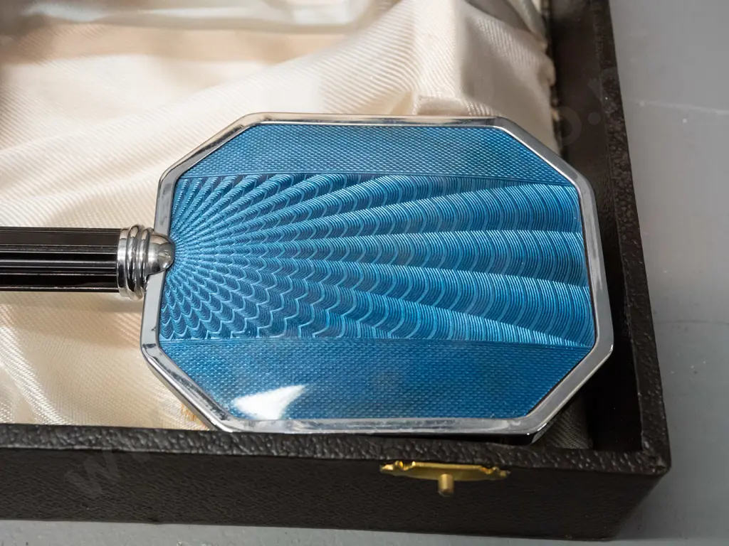 deco style vintage dressing table set - mirror and brush have blue enamel backs, redded black bakelite handles, non- Image 1++