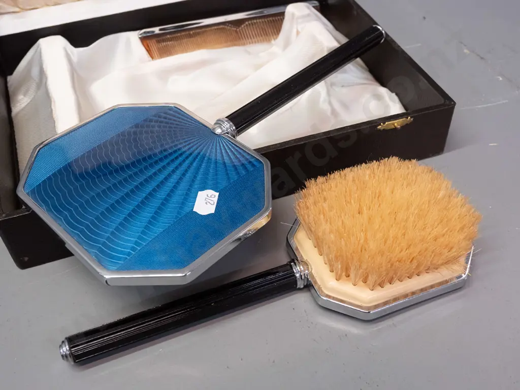 deco style vintage dressing table set - mirror and brush have blue enamel backs, redded black bakelite handles, non- Image 1++