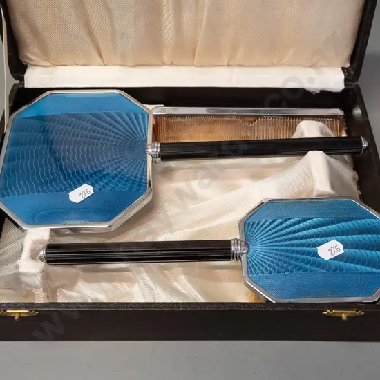 deco style vintage dressing table set - mirror and brush have blue enamel backs, redded black bakelite handles, non-