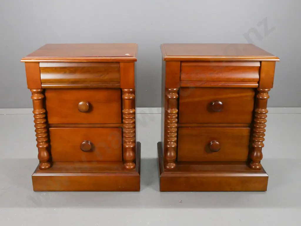 pair of reproduction colonial style beech bedside chests w/ shaped top drawer, wooden knobs on others, turned pilasters, Image 1++