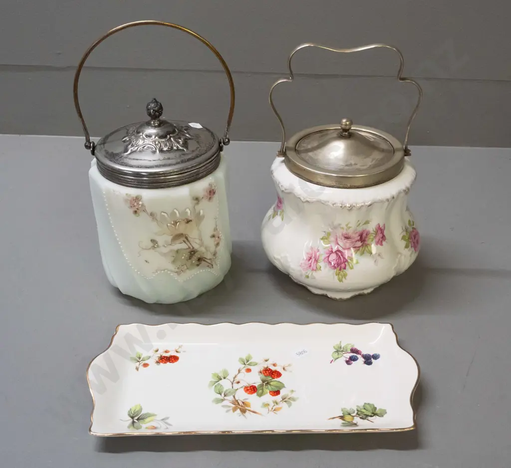 2 biscuit barrels with plated fittings - Victorian ribbed glass with raised enamel decoration H-240 & rose pattern Image 1++