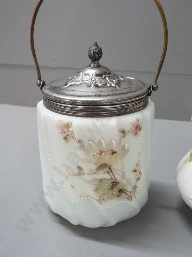 2 biscuit barrels with plated fittings - Victorian ribbed glass with raised enamel decoration H-240 & rose pattern Image 1++