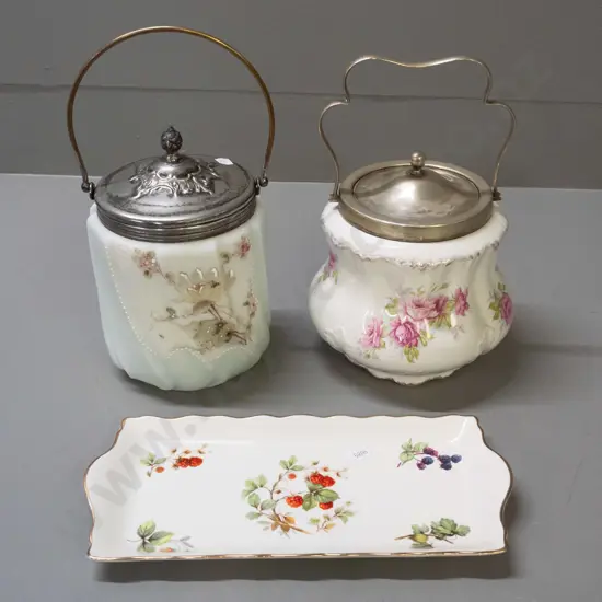 2 biscuit barrels with plated fittings - Victorian ribbed glass with raised enamel decoration H-240 & rose pattern