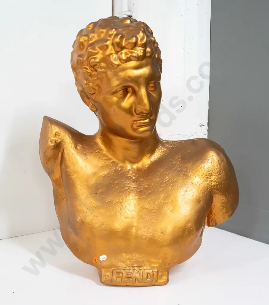 large, heavy cast plaster bust with antique gold paint finish - impressed "Fendi" on front of base. Some chipping to Image 1++