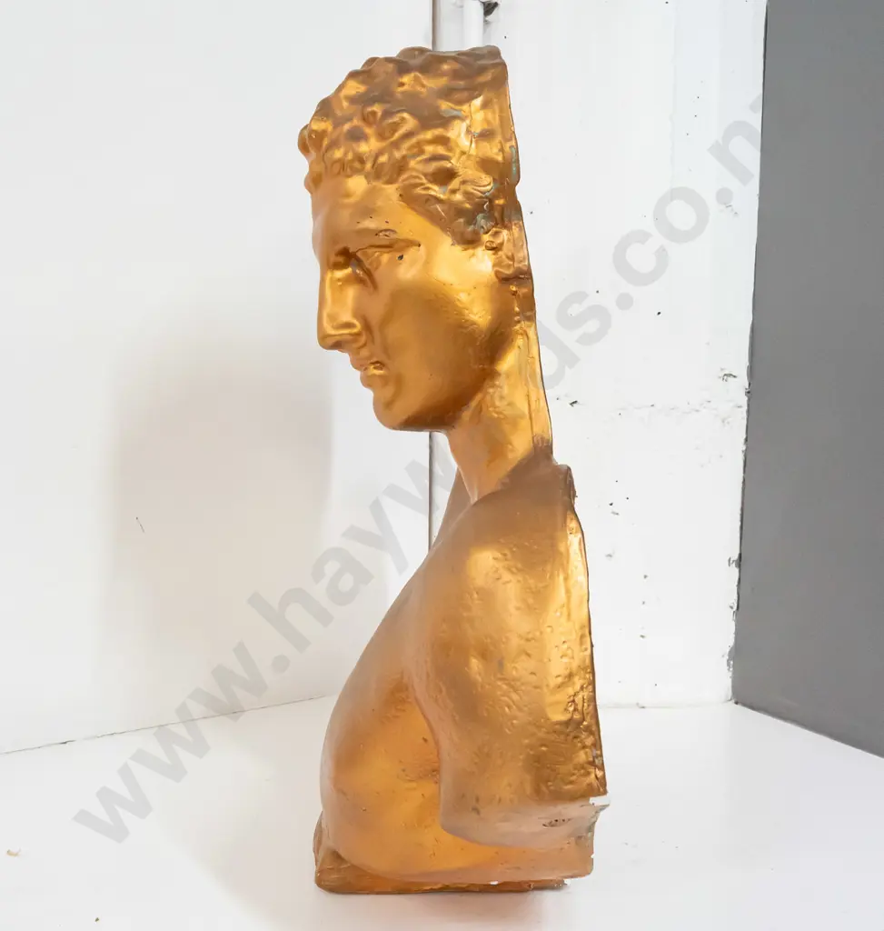 large, heavy cast plaster bust with antique gold paint finish - impressed "Fendi" on front of base. Some chipping to Image 1++