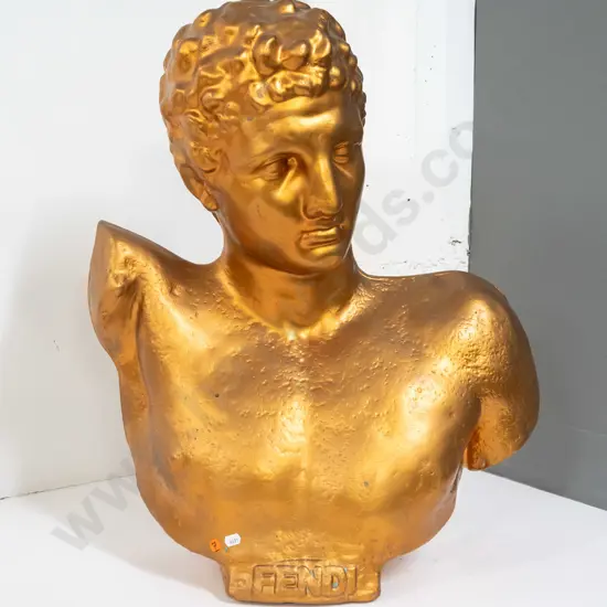 large, heavy cast plaster bust with antique gold paint finish - impressed "Fendi" on front of base. Some chipping to