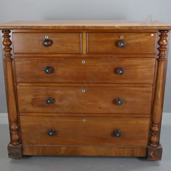 early Victorian mahogany 5-drawer chest with half-turned pilasters, turned rosewood knobs with mother of pearl inserts &