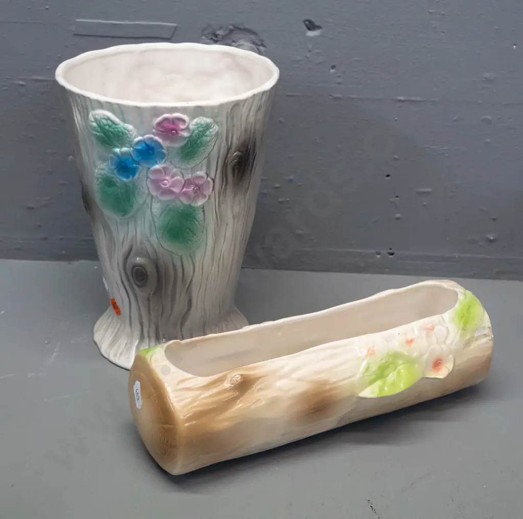 2 Crown Lynn matte glaze tree-bark effect floral hand painted vases - log trough has some sticker residue, stamped .542. Image 1++