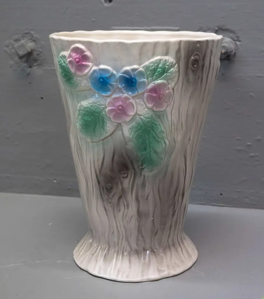 2 Crown Lynn matte glaze tree-bark effect floral hand painted vases - log trough has some sticker residue, stamped .542. Image 1++