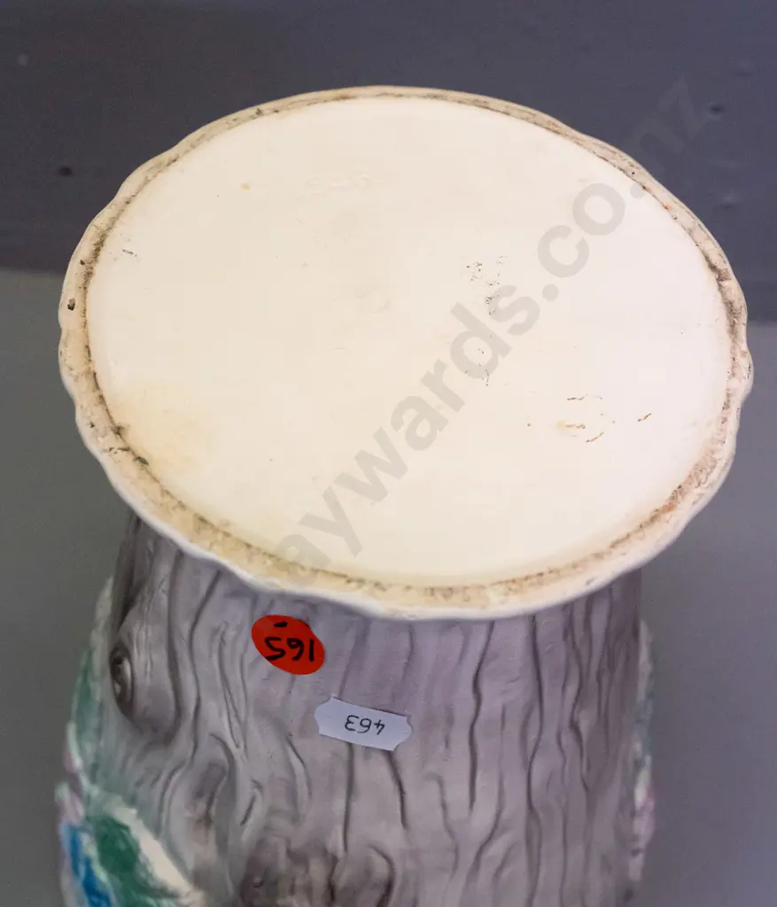 2 Crown Lynn matte glaze tree-bark effect floral hand painted vases - log trough has some sticker residue, stamped .542. Image 1++