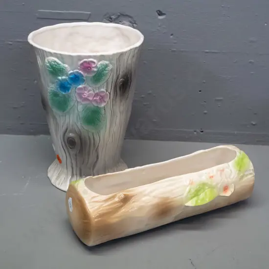 2 Crown Lynn matte glaze tree-bark effect floral hand painted vases - log trough has some sticker residue, stamped .542.