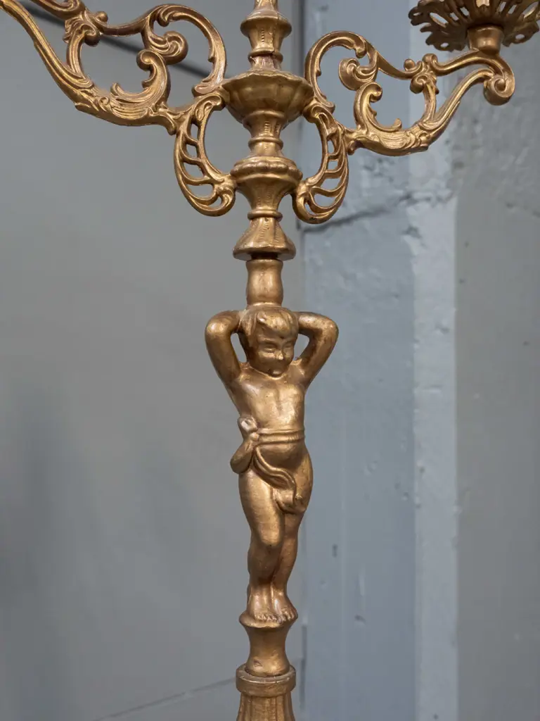 Cast metal 3-candle figural candelabrum w/ faux marble & timber inserts H-580 W-245 [crack to middle at base of figure] Image 1++