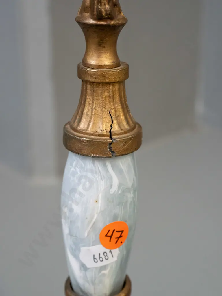 Cast metal 3-candle figural candelabrum w/ faux marble & timber inserts H-580 W-245 [crack to middle at base of figure] Image 1++