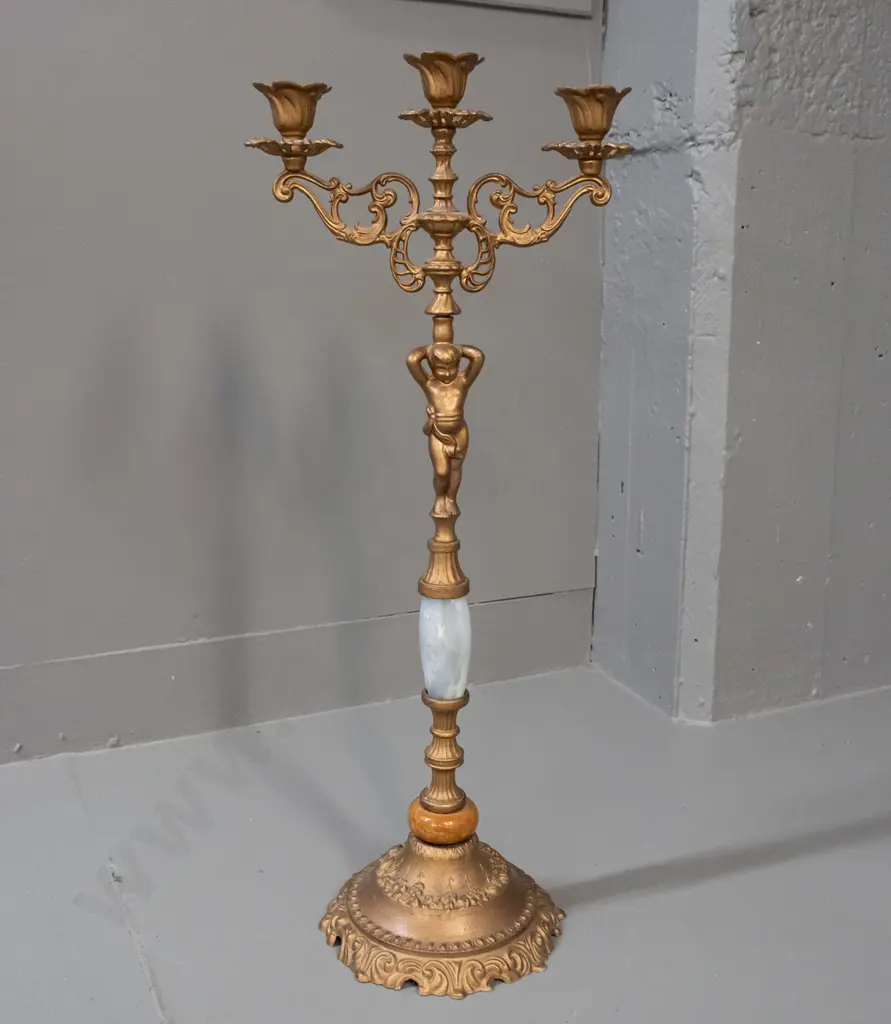 Cast metal 3-candle figural candelabrum w/ faux marble & timber inserts H-580 W-245 [crack to middle at base of figure] Image 1++