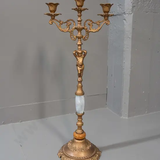 Cast metal 3-candle figural candelabrum w/ faux marble & timber inserts H-580 W-245 [crack to middle at base of figure]