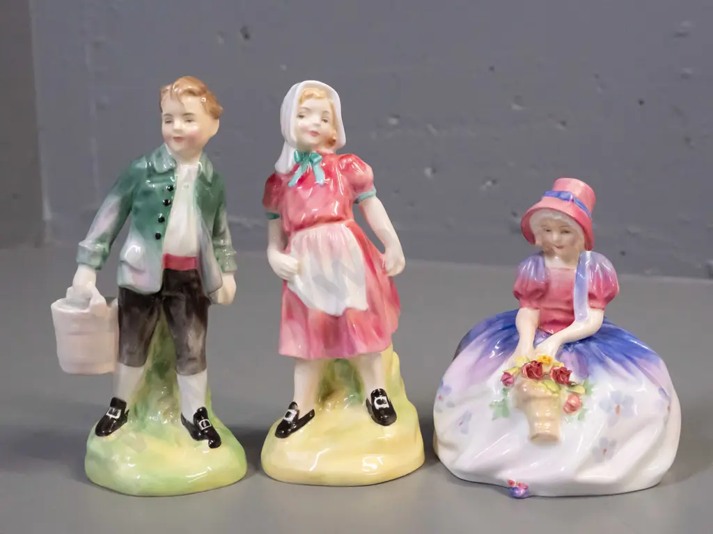 3 small Royal Doulton figures - Jack & Jill pair and "Monica" seated figure. Jill is H-140. Image 1++
