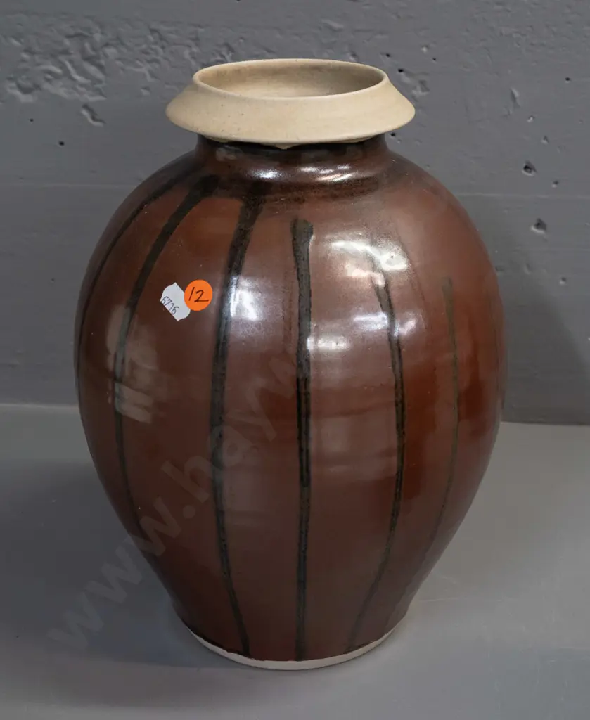 heavy studio pottery vase w/ flared rim black & brown trickle pattern unknown mark [see photo] H-300 D-240 Image 1++