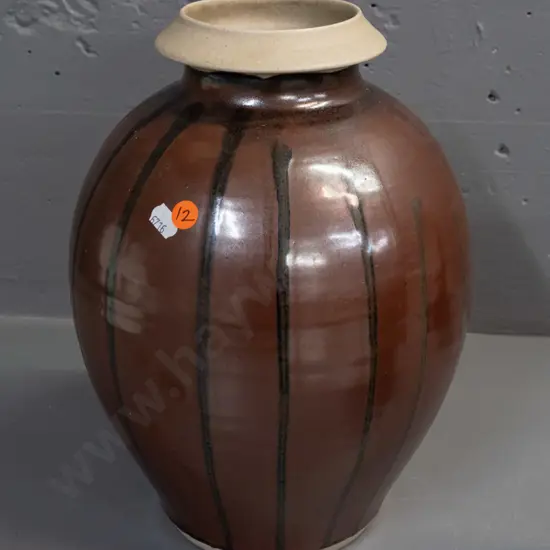 heavy studio pottery vase w/ flared rim black & brown trickle pattern unknown mark [see photo] H-300 D-240