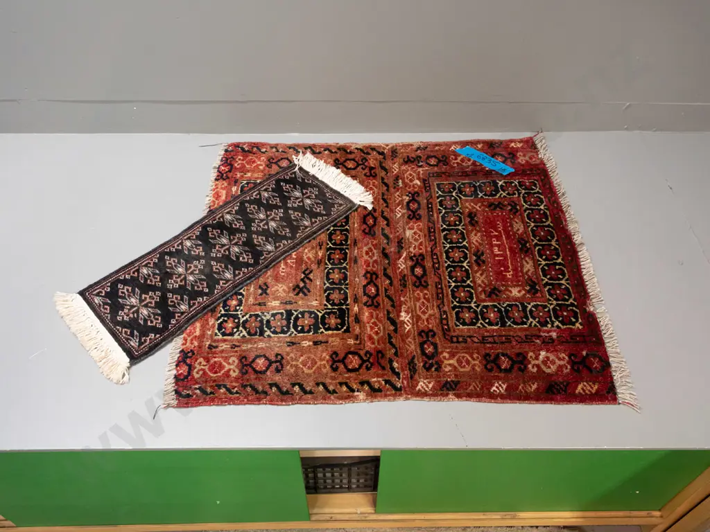 2 Turkish / Persian tribal style hand-knotted wool items - small table runner and a carpet made from a bag that has been Image 1++