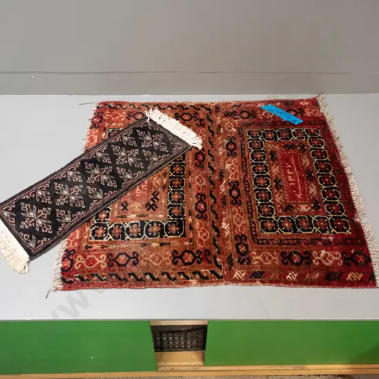 2 Turkish / Persian tribal style hand-knotted wool items - small table runner and a carpet made from a bag that has been