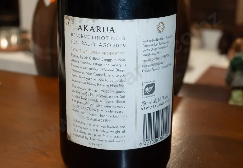 bottle of 2009, Akarua, Pinot Noir, Central Otago wine 750ml Image 1++