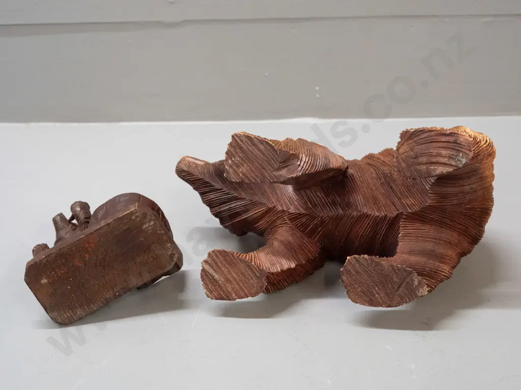 2 Black Forest style carved timber bears - larger figure H-130 L-240 and smaller with match or vesta holder Image 1++