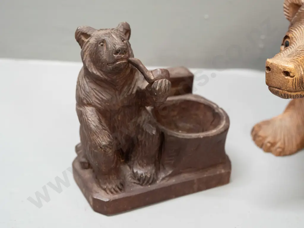 2 Black Forest style carved timber bears - larger figure H-130 L-240 and smaller with match or vesta holder Image 1++