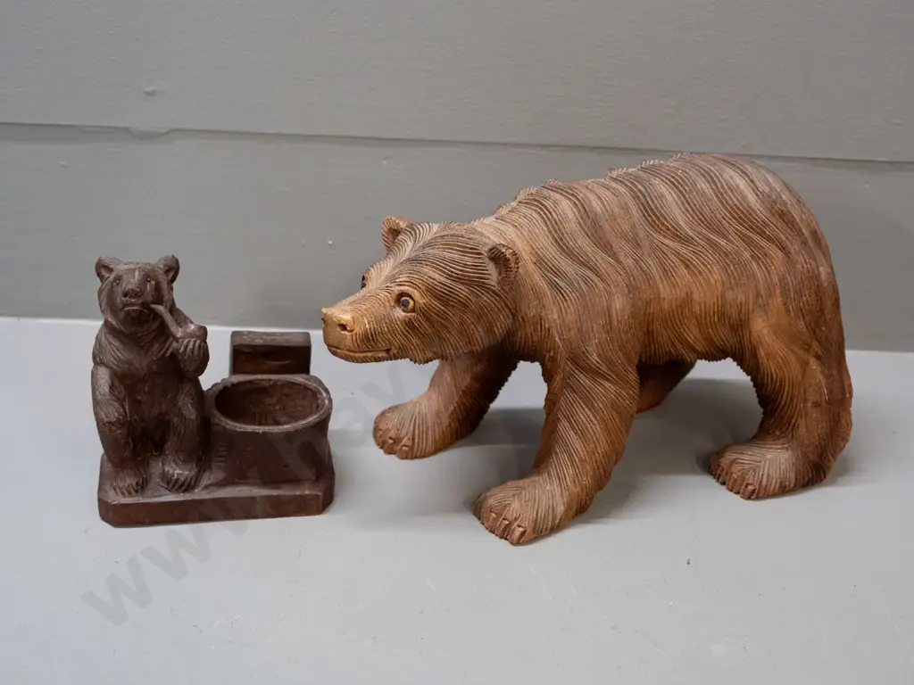 2 Black Forest style carved timber bears - larger figure H-130 L-240 and smaller with match or vesta holder Image 1++