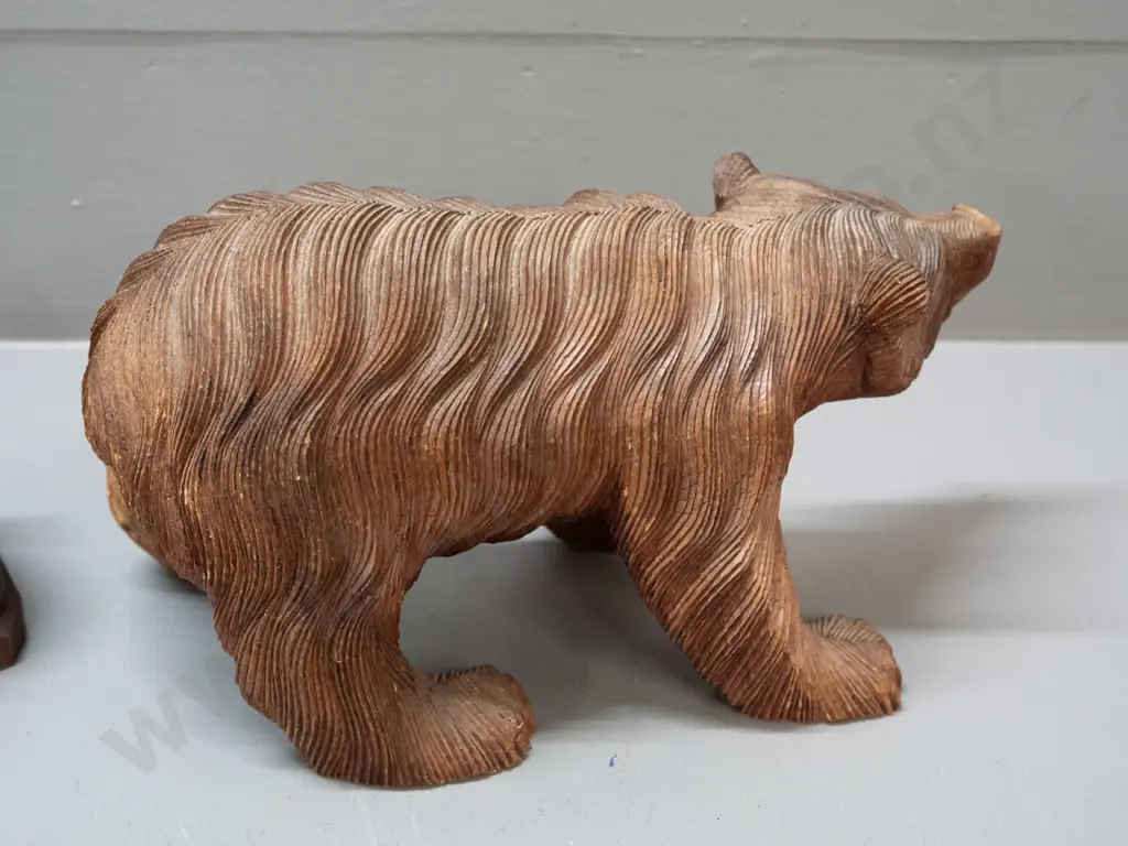 2 Black Forest style carved timber bears - larger figure H-130 L-240 and smaller with match or vesta holder Image 1++