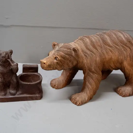 2 Black Forest style carved timber bears - larger figure H-130 L-240 and smaller with match or vesta holder