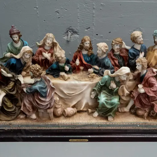 large composite Last Supper display figure on customwood / MDF base  - "Fine Art Collection" label on front H-270 W-540
